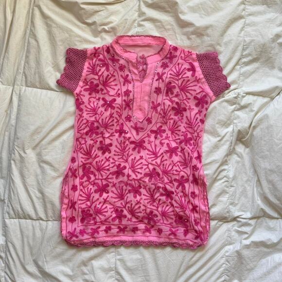 Pink sheer delicate floral embroidered sequin top crochet sleeves size small - Picture 5 of 8